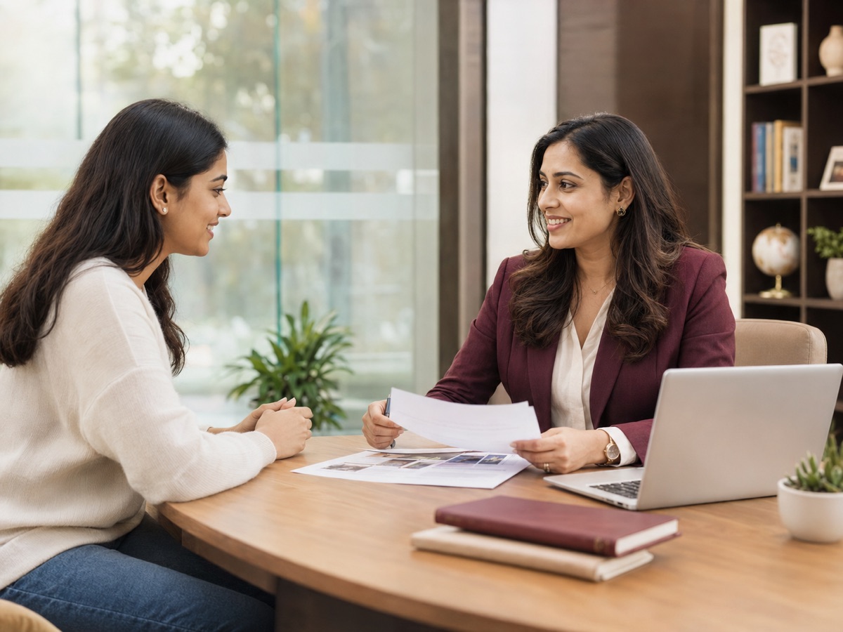 A KPGE counsellor with a student in the Jaipur office