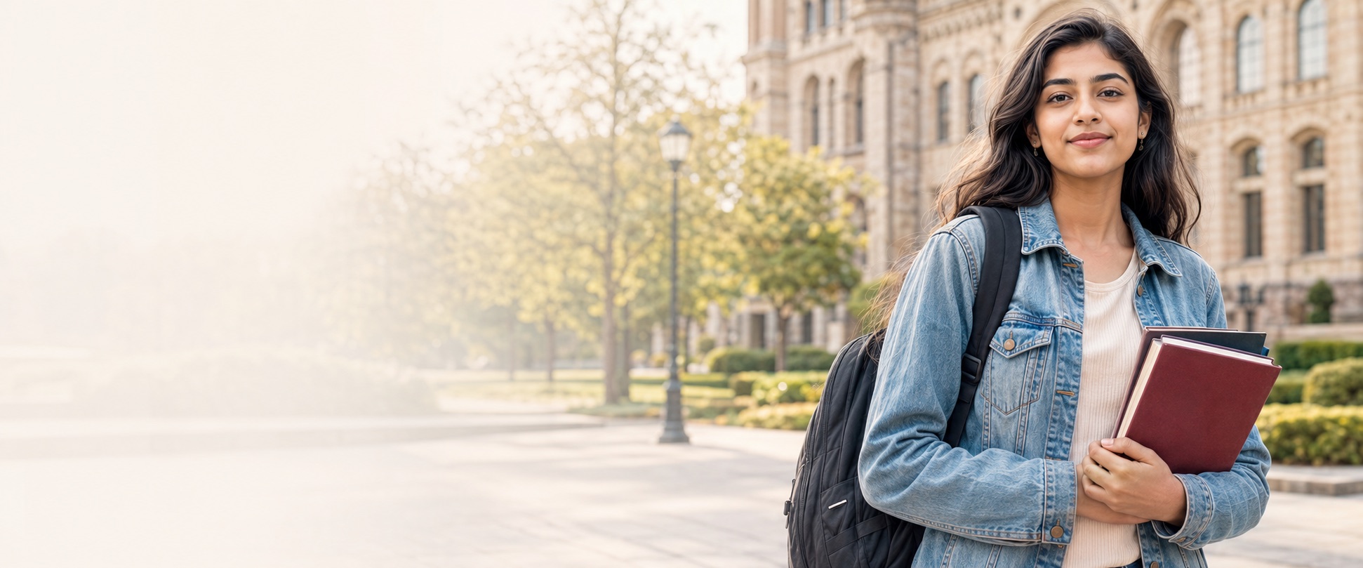 A student with books and a backpack outside a university campus